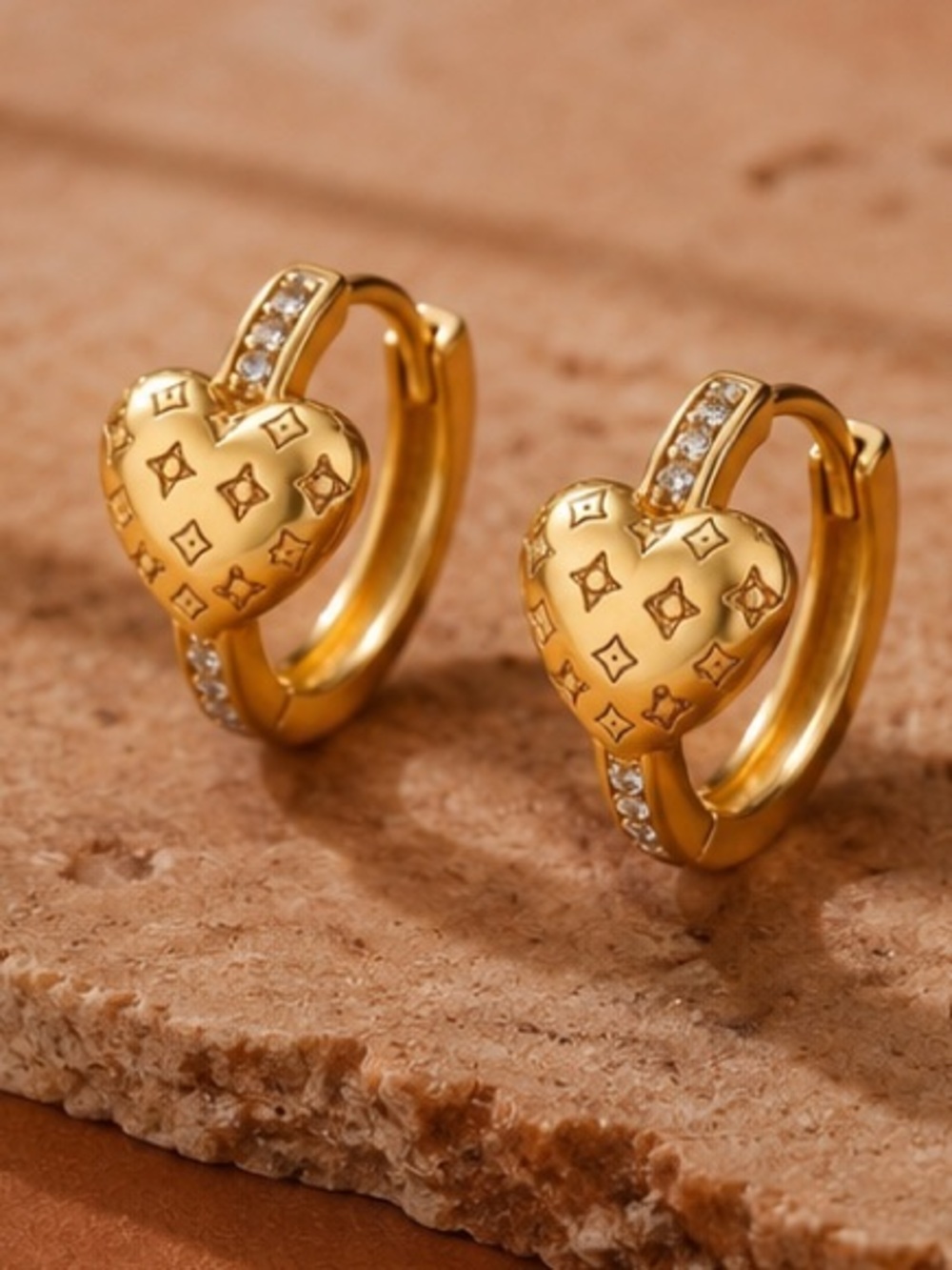 Designer Inspired Gold Heart Huggie Hoop Earrings Crystal Inlay